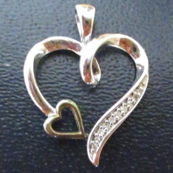 925 Sterling Silver and 10K Gold Diamond Double Heart Pendant - Picture 7 of 7